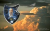 FIGU logo on a shield with portrait of Billy superimposed over a sky.