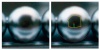 Photo #808. Reflection on one of the spheres. The Carriage House is visible. A little brown mark might be Billy Meier. At the right; sketches of the Building wall and Billy profile. Only a 3.5 meters UFO can produce this reflection.