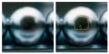 #808.[41] Reflection on one of the spheres. Carriage House visible. A little brown mark might be Billy Meier. At the right; sketches of the Building wall and Billy profile. Only a 3.5 meters UFO can produce this reflection.